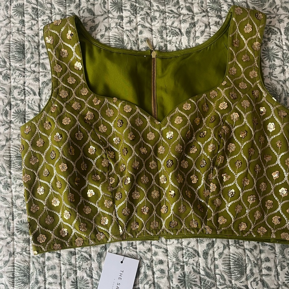 Olive green and gold saree outfit
